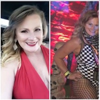 two pictures of a woman in a red dress and a woman in a fishnet dress